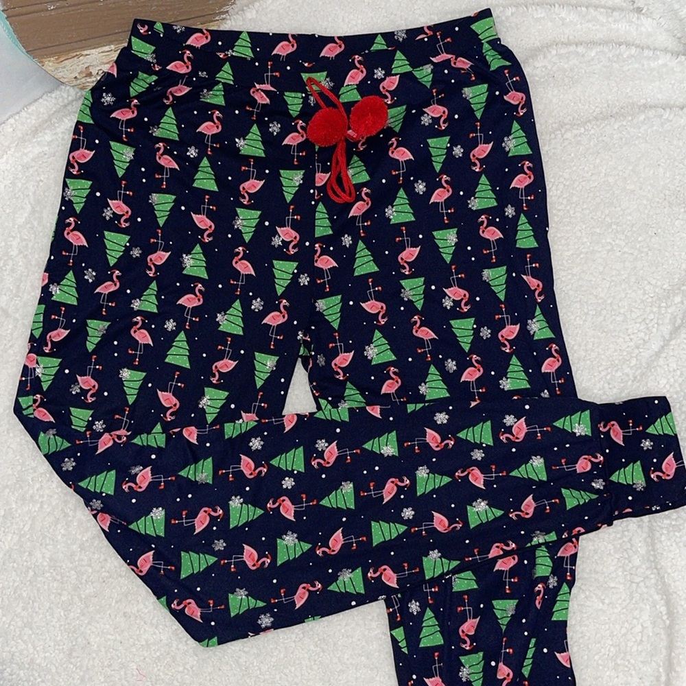 Santas Treasures Navy Blue Trees & Flamingos PJ Pants | Size Small